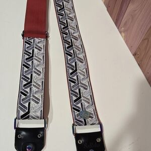 So Retro Geometric Crossbody Bag Strap, Red Webbing, Black Leather Ends